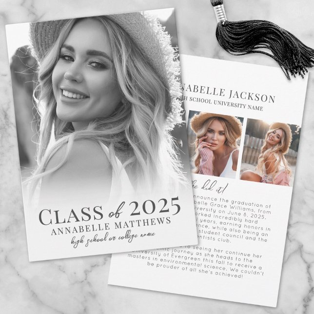Elegant Student Black & White Photo Studenten Meddelande (Elegant Graduate Black & White Photo Graduation Announcement)
