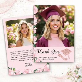 Elegant Student Photo Blommigt Rosa Studenten Tack Kort