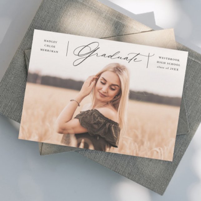 Elegant Student Photo Studenten Meddelande (Elegant script graduate photo graduation announcement invitation.)