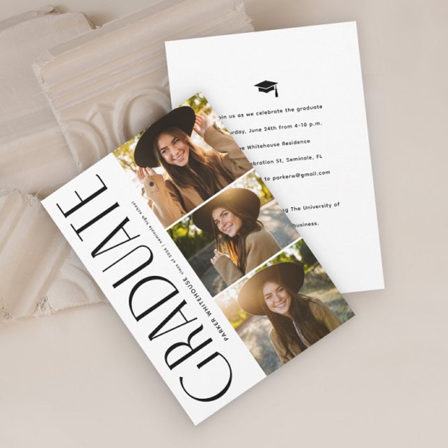 Elegant Student Typografi 3 Foto Studenten Inbjudningar (Elegant Typography Graduate Black and White 3 Photo Graduation Invitation.)