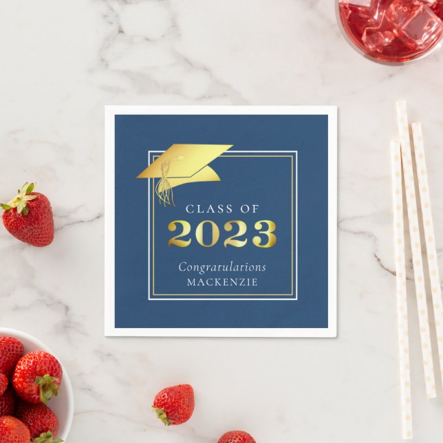 Elegant Studenten 2023 Blått metallskript Guld Pappersservett (Insitu)
