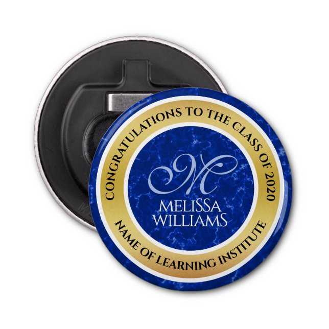 Elegant Studenten Monogram Blue Marble Gold Foil Flasköppnare (Framsidan)