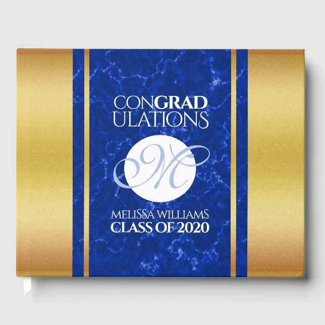 Elegant Studenten Monogram Blue Marble Gold Foil Gästböcker (Framsida)