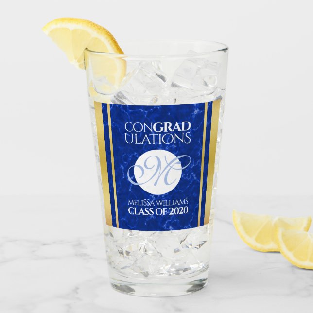 Elegant Studenten Monogram Blue Marble Gold Foil Glaskopp (Framsida Ice)