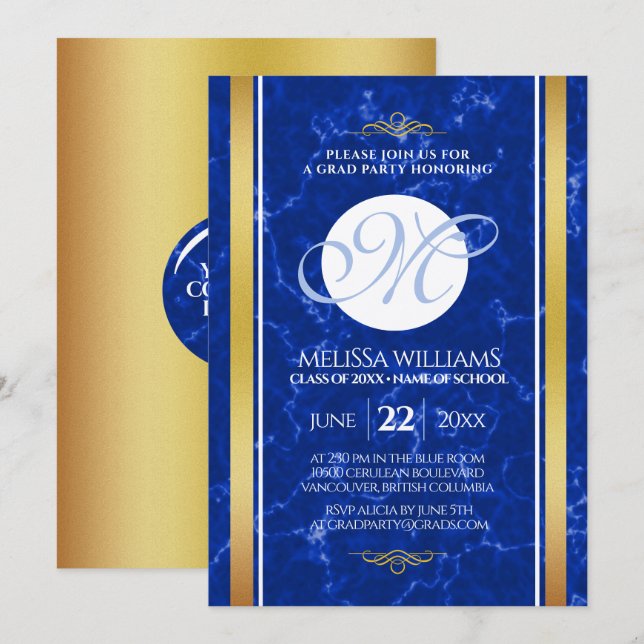 Elegant Studenten Monogram Blue Marble Gold Foil Inbjudningar (Fram/baksida)