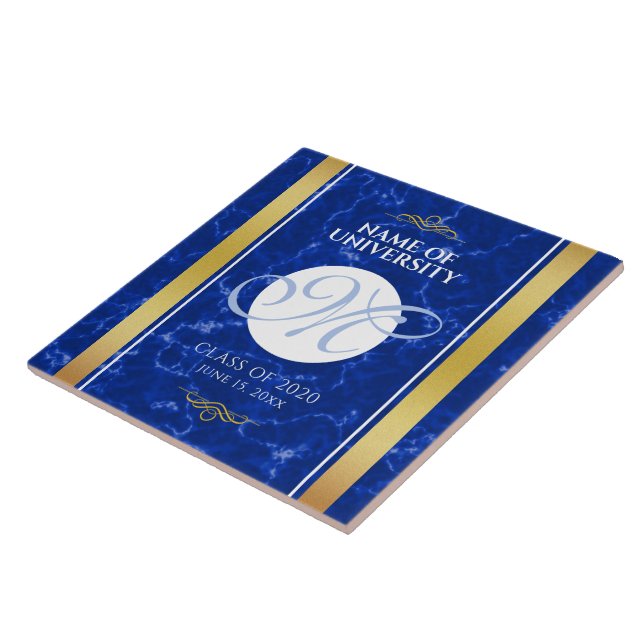 Elegant Studenten Monogram Blue Marble Gold Foil Kakelplatta (Sidan)