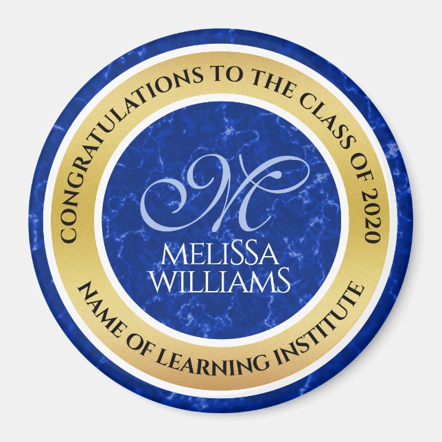 Elegant Studenten Monogram Blue Marble Gold Foil Magnet (Framsidan)