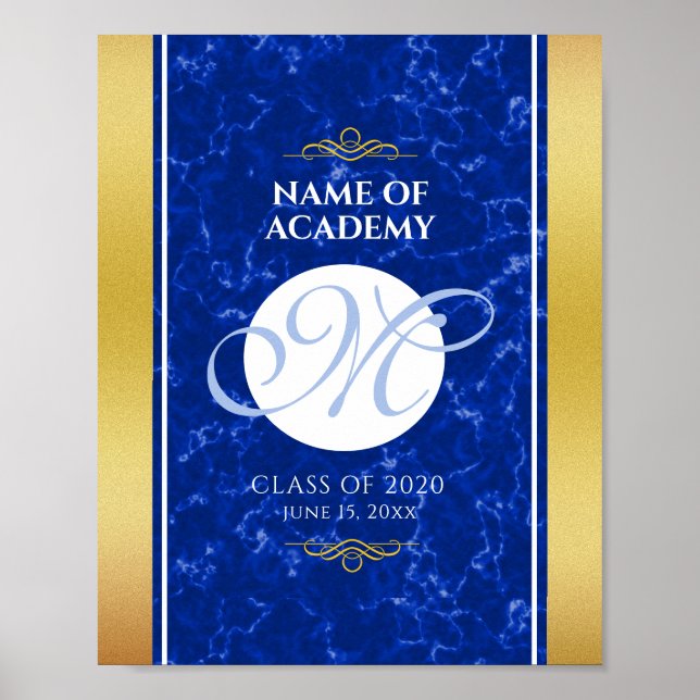 Elegant Studenten Monogram Blue Marble Gold Foil Poster (Framsidan)