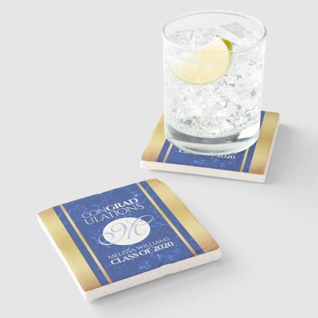 Elegant Studenten Monogram Blue Marble Gold Foil Stenunderlägg (Sidan)