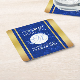 Elegant Studenten Monogram Blue Marble Gold Foil Underlägg Papper Kvadrat
