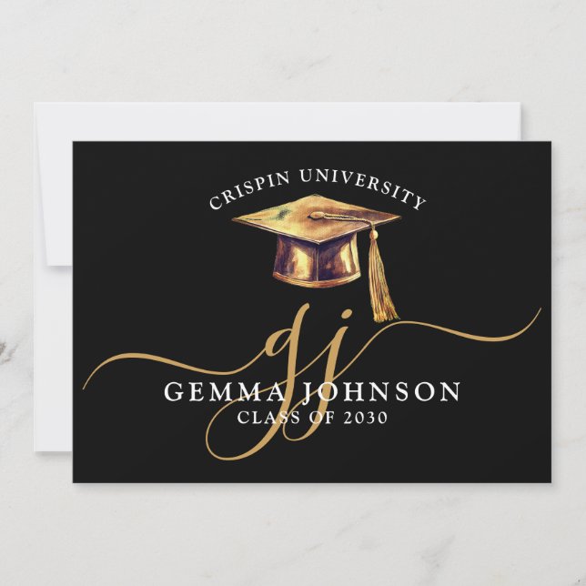 Elegant Studenten Namn Monogram Black vid Guld Meddelande (Framsida)