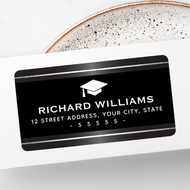 Elegant studenten satin grått faux silver gräns adressetikett (Elegant graduation satin gray faux silver borders label)