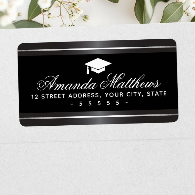 Elegant studenten satin grått faux silver gräns adressetikett (Elegant graduation satin gray faux silver border label)