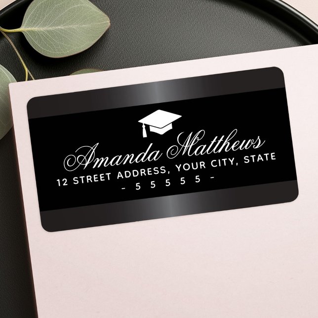 Elegant studenten svart och satin grått gräns adressetikett (Elegant graduation black and satin gray border label)
