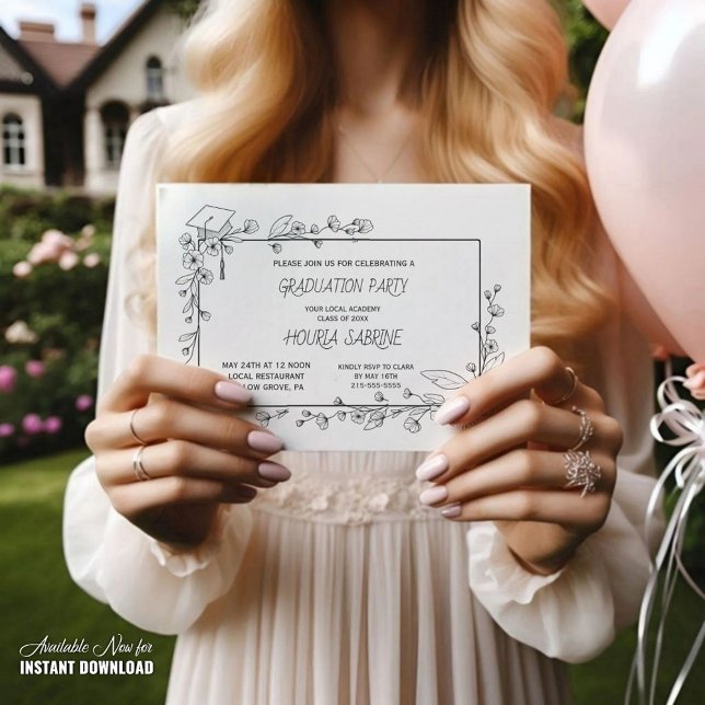 Elegant Studenten Svarta och vita Blommigten Gräns Inbjudningar (Skapare uppladdad)