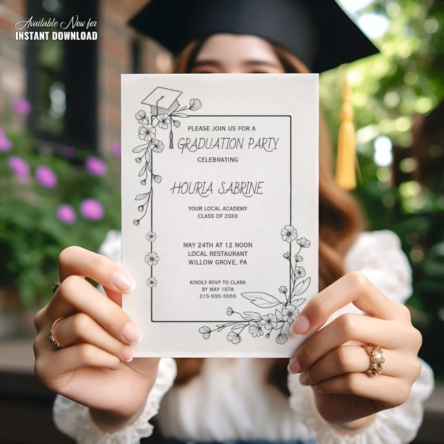 Elegant Studenten Svarta och vita Blommigten Gräns Inbjudningar (Skapare uppladdad)
