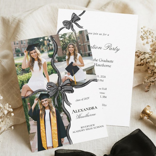 Elegant Stylish Black Bow Ribbon Photo Graduation Inbjudningar (Elegant Stylish Black Bow Ribbon Photo Graduation Invitation)