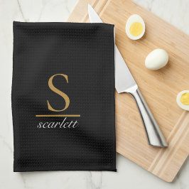 Elegant Stylish Black Gold Monogram Script Name Kökshandduk