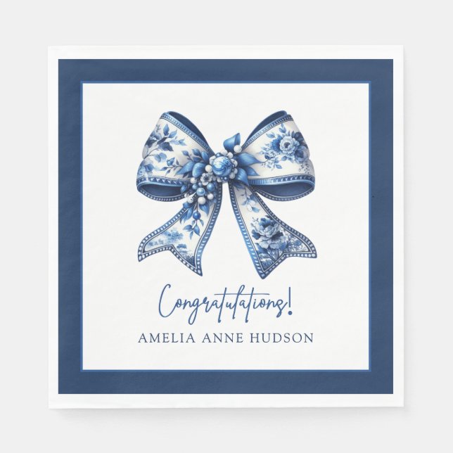 Elegant Stylish Blue Floral Bow Congratulations Pappersservett (Framsidan)