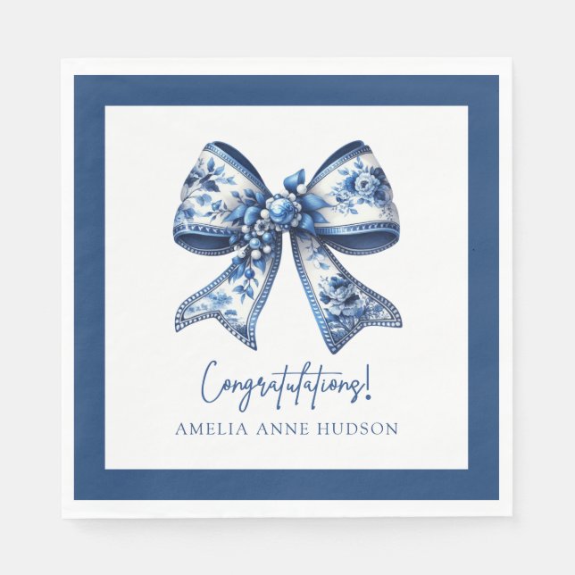 Elegant Stylish Blue Floral Bow Congratulations Pappersservett (Framsidan)