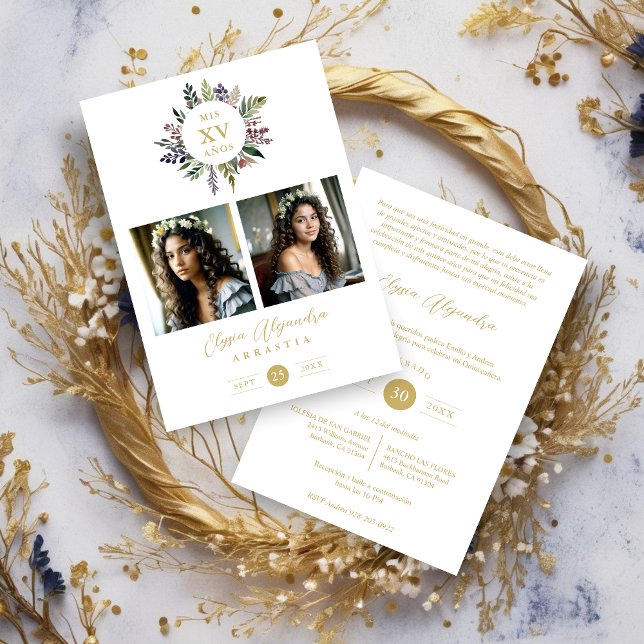 Elegant Stylish CIrcular Shape Mis XV años Floral  Inbjudningar (Spanish Elegant Modern Stylish Shape Mis XV años Floral Anagram 2 Photos Collage Invitation Card.)