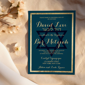 Elegant Stylish Mauve Blue Gold Bar Mitzvah Inbjudningar