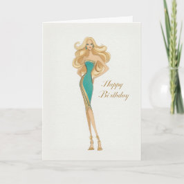 Elegant Stylish Woman in Teal Dress Birthday Kort