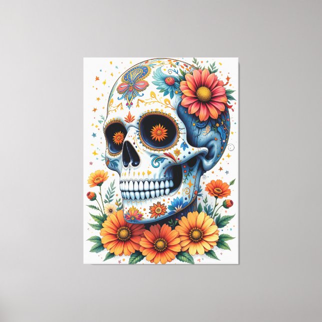 Elegant Sugar Skull med blommor Canvastryck (Framsida)