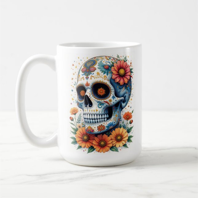 Elegant Sugar Skull med blommor Kaffemugg (Vänster)