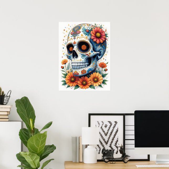 Elegant Sugar Skull med blommor Poster (Hemmakontoret)