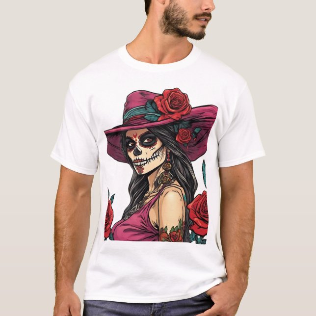 Elegant Sugar Skull Woman - Día de los Muertos T Shirt (Framsida)