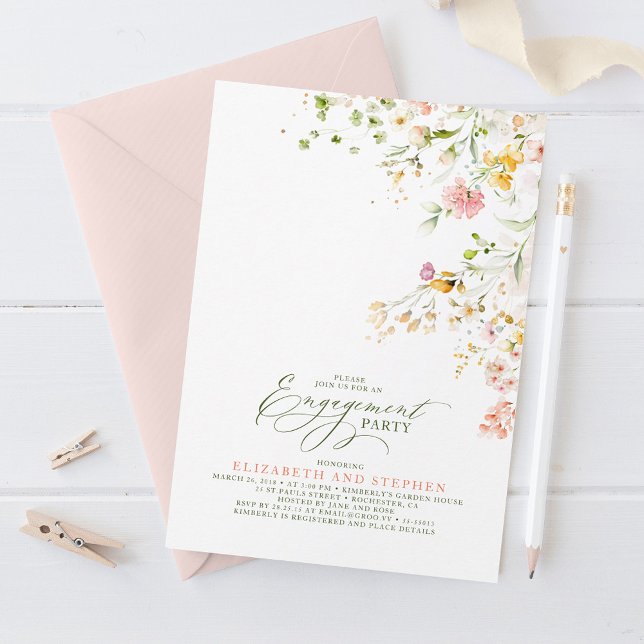 Elegant Summer Meadow Wildblommor Förlovningsfest Inbjudningar (Wildflowers Engagement Party Invitations)