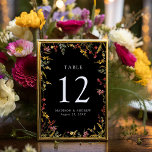 Elegant Summer Wildblomma Black Bröllop Bordsnummer<br><div class="desc">Elegant jokertecken för bordsnumret bröllop med bordsnummer, namn och bröllop som visas i grönt och omgiven av en ram av vattenfärgblommor och löv i skuggor av guldgult, rosa och lila med svart bakgrund. Korten för bordsnummer av vildblommor är perfekt för vår och sommar-bröllop. Så här beställer du korten för bord:...</div>