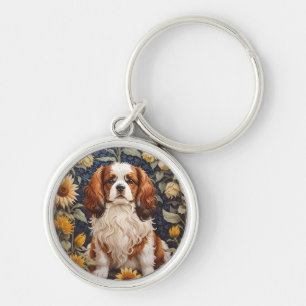 Elegant Sunblommor Cavalier Kung Charles Spain Rund Silverfärgad Nyckelring