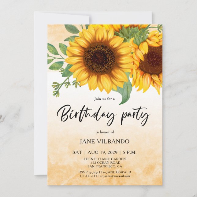 Elegant Sunflower Birthday Party Invitation Inbjudningar (Framsida)