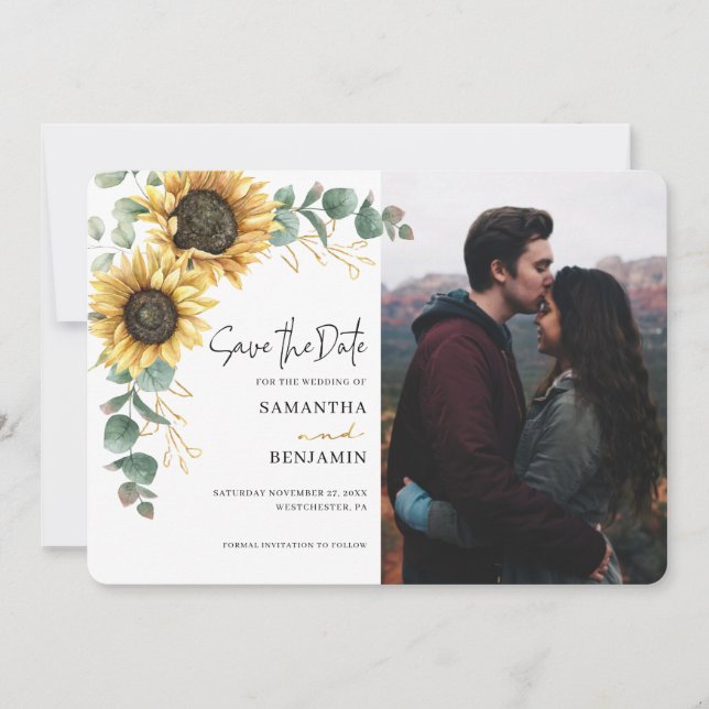 Elegant Sunflower Eucalyptus 1 Photo Wedding Spara Datumet (Framsida)