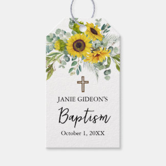 Elegant Sunflower & Eucalyptus Boho Cross Baptism Presentetikett