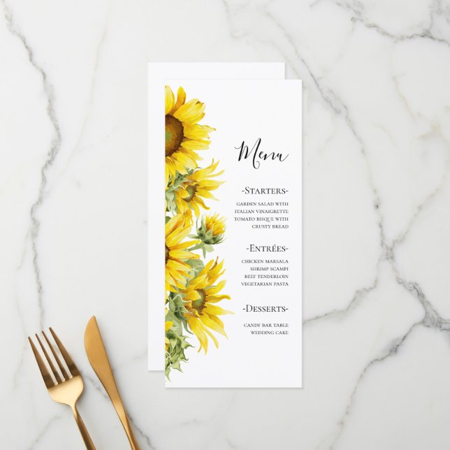 Elegant Sunflower Summer Wedding  Meny (Fram/Back In Situ)