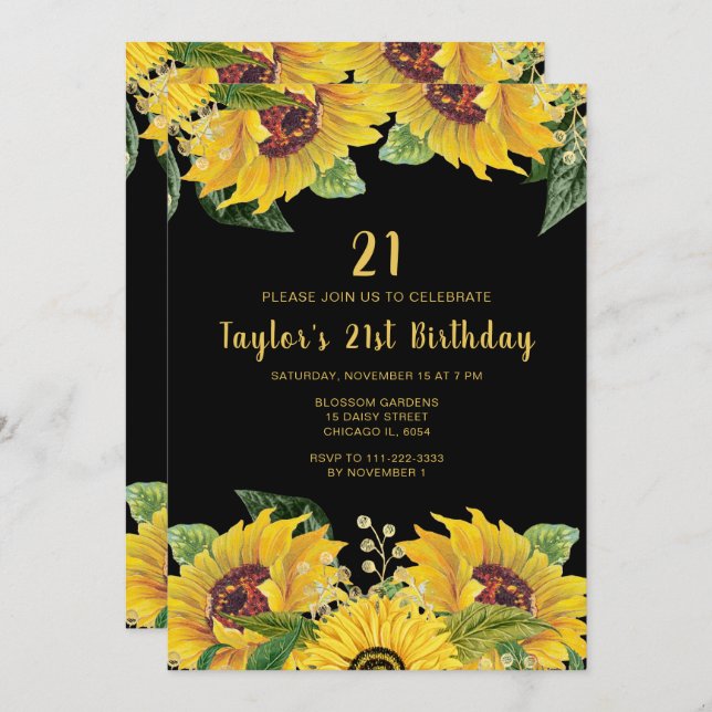 Elegant Sunflowers and Foliage Birthday Party Inbjudningar (Fram/baksida)