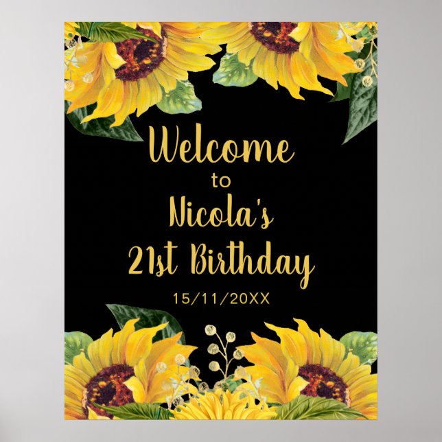 Elegant Sunflowers and Foliage Birthday Party Poster (Framsidan)