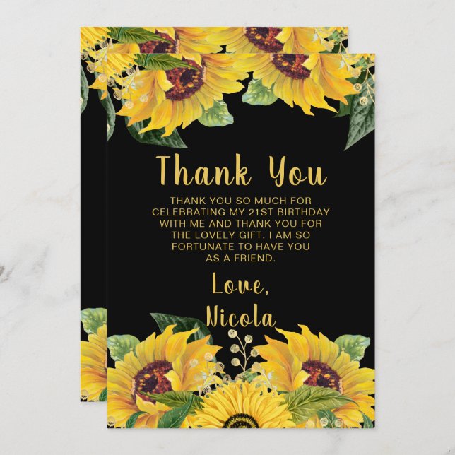 Elegant Sunflowers and Foliage Birthday Party Tack Kort (Fram/baksida)