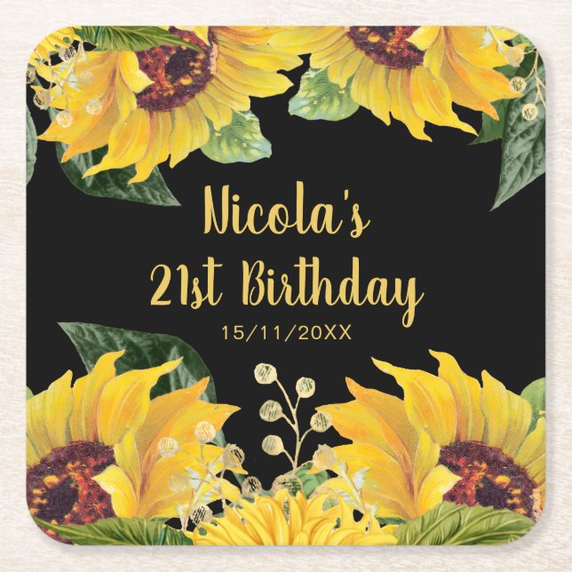 Elegant Sunflowers and Foliage Birthday Party Underlägg Papper Kvadrat (Framsidan)