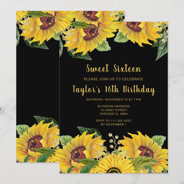 Elegant Sunflowers and Foliage Sweet Sixteen Inbjudningar (Fram/baksida)