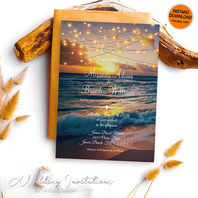 Elegant Sunset Beach String Ljus, sommartid Bröllo Inbjudningar (Skapare uppladdad)