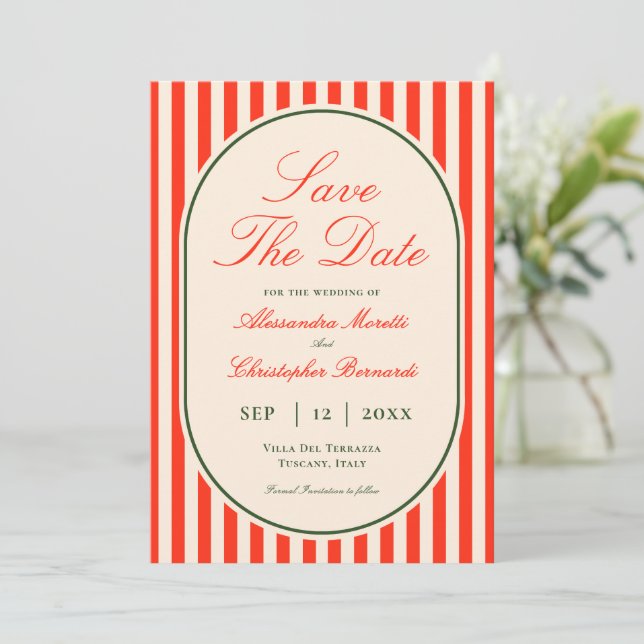 Elegant Sunset Orange Stripe Italian Wedding Spara Datumet (Stående Fram)