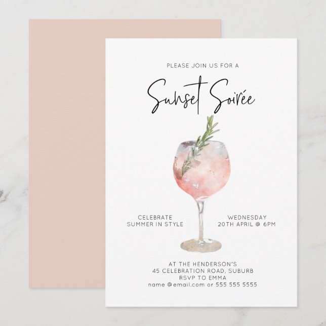 Elegant Sunset Soiree Drinks Cocktail Party Rosa Inbjudningar (Fram/baksida)