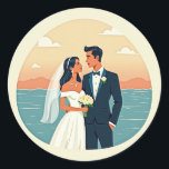 Elegant Sunset Wedding Sticker Runt Klistermärke<br><div class="desc">A beautiful illustration of a bride and groom by the ocean at sunset,  perfect for adding a romantic touch to your devices or gifts.</div>