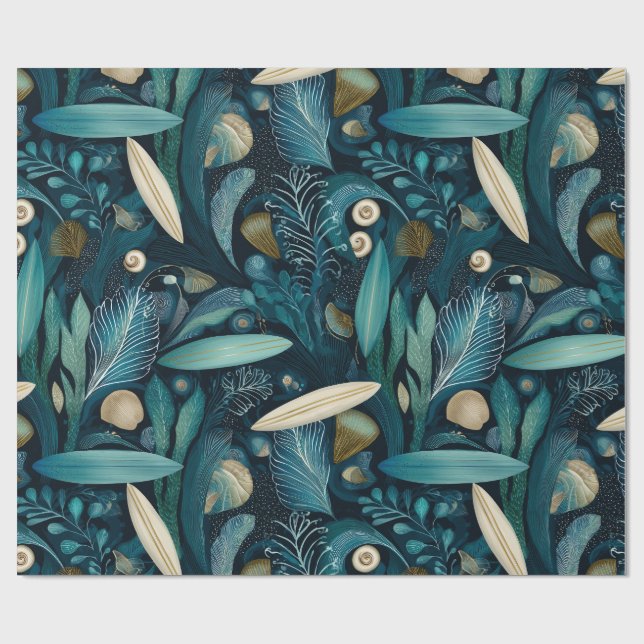 Elegant Surfbräda och Kelp Strand Inpackningspappe Presentpapper (Platt)