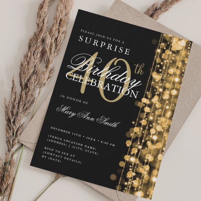 Elegant Surprise 40:e födelsedagssparkles Guld Inbjudningar (Elegant Surprise 40th Birthday Sparkles Gold Invitation)