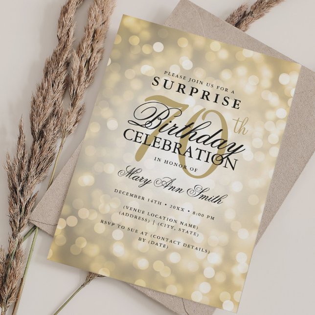 Elegant SURPRISE 70:e födelsedagen Glam Guld Ljus Inbjudningar (Skapare uppladdad)
